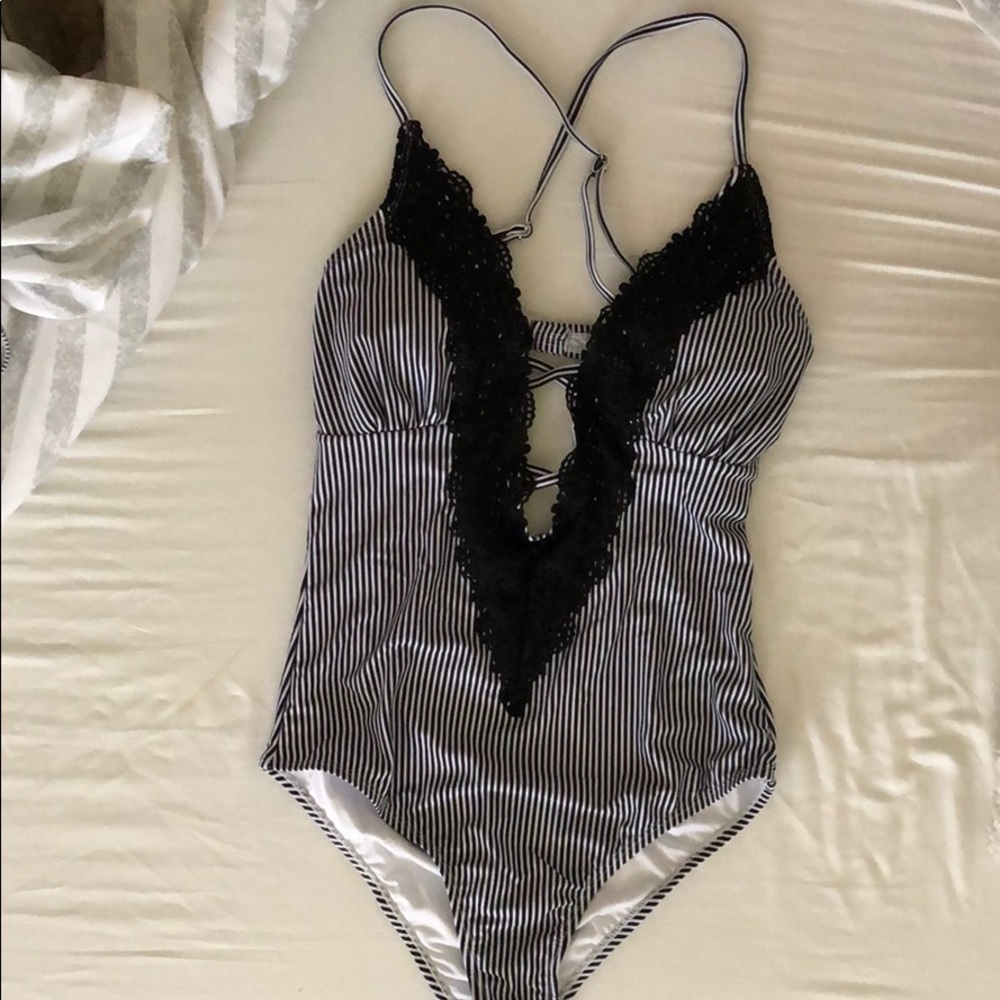 Black and white striped one piece